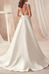 Retro Wedding Dresses A-line Chic V-Neck Sleeveless Long Pleat Bridal Gowns With Train-Dbrbridal