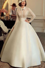 Retro Wedding Dresses Halter Long Sleeves Satin Fabric Long Lace Traditional Dresses For Bride-Dbrbridal