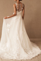 Retro Wedding Dresses Jewel Neck Sleeveless Raised Waist Satin Fabric With Train Applique Bridal Dress-Dbrbridal