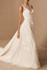 Retro Wedding Dresses Jewel Neck Sleeveless Raised Waist Satin Fabric With Train Applique Bridal Dress-Dbrbridal