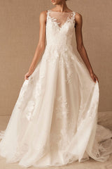 Retro Wedding Dresses Jewel Neck Sleeveless Raised Waist Satin Fabric With Train Applique Bridal Dress-Dbrbridal