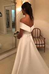 Retro Wedding Dresses Off The Shoulder Short Sleeve A-line Satin Traditional Bridal Gowns With Sweep Train-Dbrbridal