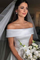 Retro Wedding Dresses Off The Shoulder Short Sleeve A-line Satin Traditional Bridal Gowns With Sweep Train-Dbrbridal