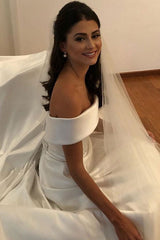 Retro Wedding Dresses Off The Shoulder Short Sleeve A-line Satin Traditional Bridal Gowns With Sweep Train-Dbrbridal