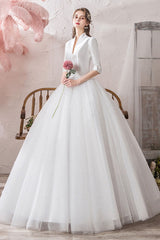Retro Wedding Dresses Princess High Collar Half Sleeve Long Tulle Traditional Bridal Gowns-Dbrbridal