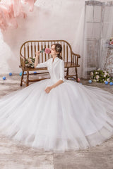 Retro Wedding Dresses Princess High Collar Half Sleeve Long Tulle Traditional Bridal Gowns-Dbrbridal