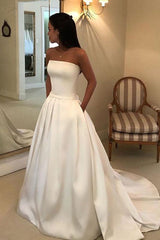 Retro Wedding Dresses Satin Strapless A-line Long Elegant Bridal Gown With Train-Dbrbridal
