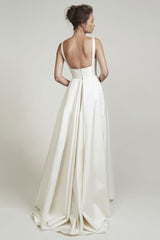 Retro Wedding Dresses Square Neck Sleeveless Satin Fabric Court Train Sash Bridal Dress-Dbrbridal