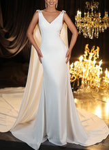 Rhinestone Sheath Fitted V-Neck Sleeveless Satin Wedding Dresses-Dbrbridal