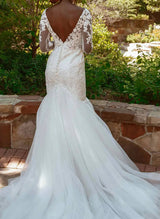 Romantic Tulle Stunning Lace Long Sleeves Mermaid Fitted Wedding Dresses-Dbrbridal
