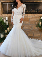 Romantic Tulle Stunning Lace Long Sleeves Mermaid Fitted Wedding Dresses-Dbrbridal