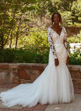 Romantic Tulle Stunning Lace Long Sleeves Mermaid Fitted Wedding Dresses-Dbrbridal