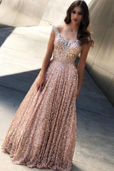 Rose Gold Sequins Evening Dresses Off-the-Shoulder Chic Formal Dresses-Dbrbridal