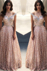 Rose Gold Sequins Evening Dresses Off-the-Shoulder Chic Formal Dresses-Dbrbridal