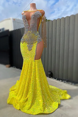 Round neck Silver Beaded Mermaid Yellow Sequin Prom Dresses-Dbrbridal