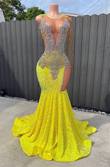 Round neck Silver Beaded Mermaid Yellow Sequin Prom Dresses-Dbrbridal