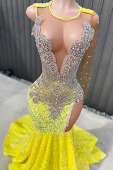 Round neck Silver Beaded Mermaid Yellow Sequin Prom Dresses-Dbrbridal