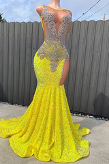 Round neck Silver Beaded Mermaid Yellow Sequin Prom Dresses-Dbrbridal