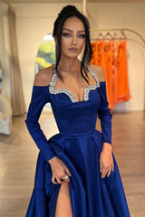 Royal Blue Halter Prom Dress with Slit and Crystal Embellishments-Dbrbridal