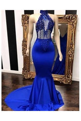 Royal Blue Halter Sleeveless Lace Beading Mermaid Long Prom Dresses-Dbrbridal