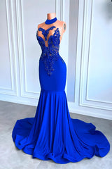 Royal Blue High Neck Sleeveless Mermaid Prom Dress with Beadings-Dbrbridal