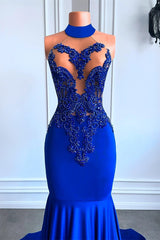 Royal Blue High Neck Sleeveless Mermaid Prom Dress with Beadings-Dbrbridal