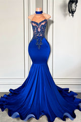 Royal Blue High Neck Sleeveless Mermaid Prom Dress with Beadings-Dbrbridal