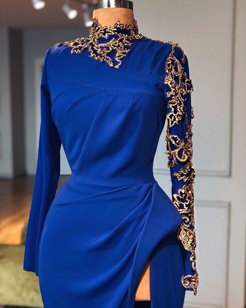 Royal Blue High-Neck Split Mermaid Prom Dresses Chic Long Sleeves Appl Dbrbridal Royal Blue High-Neck Split Mermaid Prom Dresses Chic Long Sleeves Appl Dbrbridal