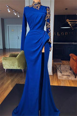 Royal Blue High-Neck Split Mermaid Prom Dresses Chic Long Sleeves Appliques Evening Gowns-Dbrbridal