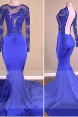 Royal-Blue Long Sleeves Backless Mermaid Charming Sheer Prom Dresses-Dbrbridal