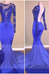 Royal-Blue Long Sleeves Backless Mermaid Charming Sheer Prom Dresses-Dbrbridal