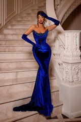 Royal Blue Long Velvet Beading Sleeveless Mermaid Evening Party Gowns-Dbrbridal