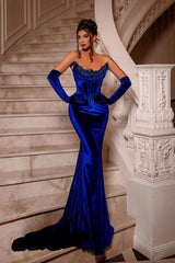Royal Blue Long Velvet Beading Sleeveless Mermaid Evening Party Gowns-Dbrbridal