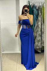 Royal Blue Mermaid One Shoulder Dress with Beads and Ruffles-Dbrbridal