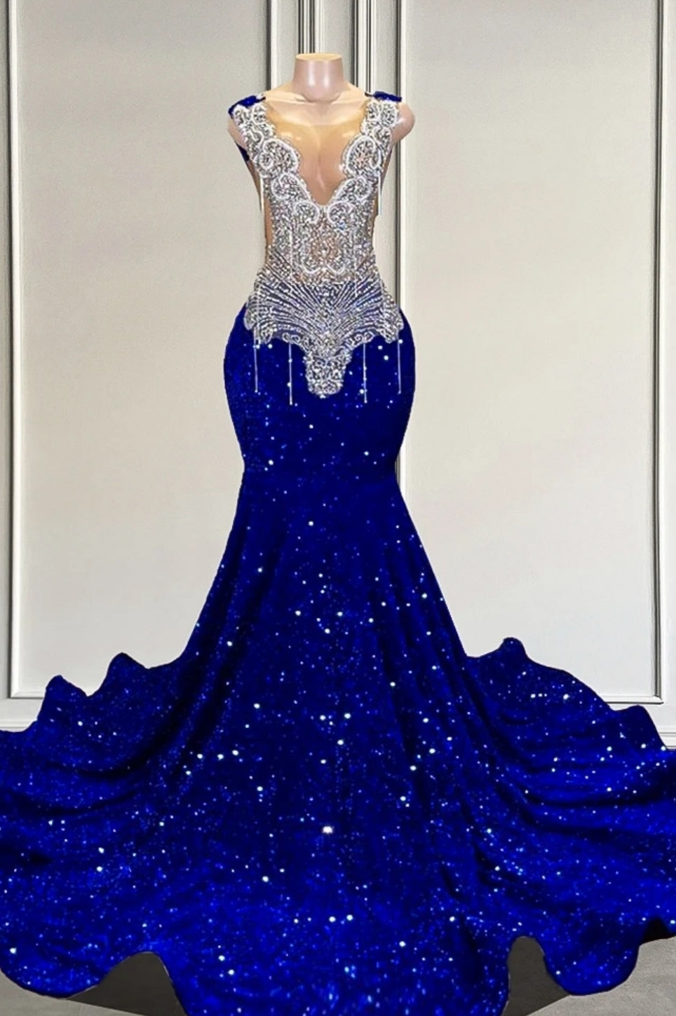 Regal Sapphire V-Neck Mermaid Prom Dress with Elegant Long Sleeves and Beads main image 1