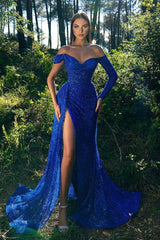 Royal Blue Sequins Mermaid Evening Dress Split Long Sleeves-Dbrbridal