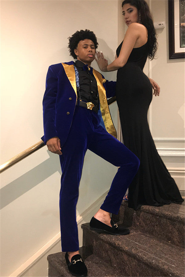 Bow Tie Party Wear Latest Slim Fit Suits Royal Blue And Gold Prom