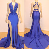Royal Blue V-Neck Open back Split Mermaid Beads Lace Prom Dresses-Dbrbridal
