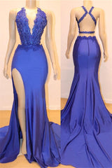 Royal Blue V-Neck Open back Split Mermaid Beads Lace Prom Dresses-Dbrbridal