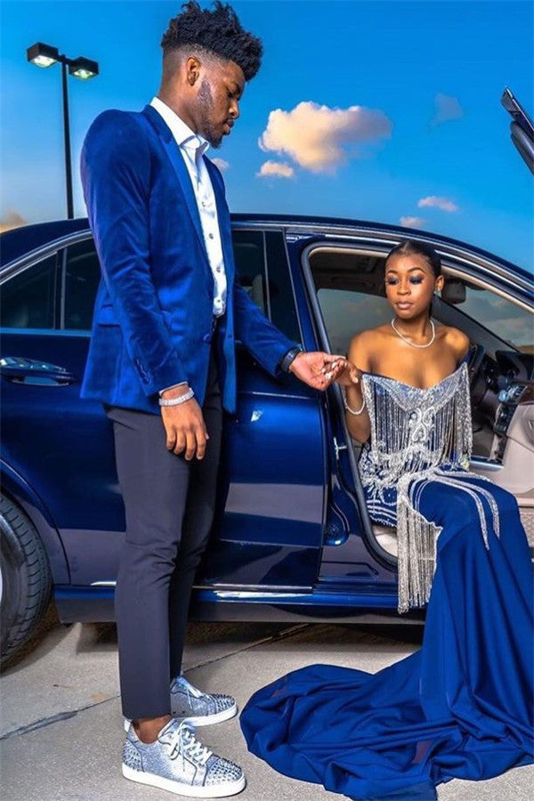 Couple Blue And Silver Prom Royal Blue Velvet Prom Outfits Online
