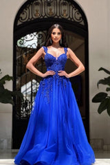 Royal Long Blue Sleeveless Evening Prom Dresseses A-line Lace Evening Gown-Dbrbridal
