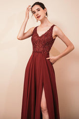 Rust A-line Chiffon V-Neck Backless Prom Dress-Dbrbridal