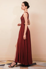 Rust A-line Chiffon V-Neck Backless Prom Dress-Dbrbridal