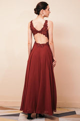 Rust A-line Chiffon V-Neck Backless Prom Dress-Dbrbridal