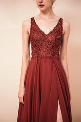 Rust A-line Chiffon V-Neck Backless Prom Dress-Dbrbridal
