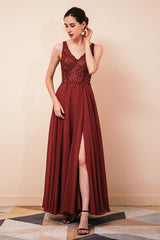 Rust A-line Chiffon V-Neck Backless Prom Dress-Dbrbridal