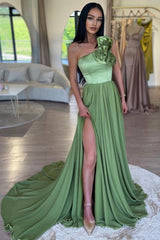 Sage One Shoulder Sleeveless A-Line Evening Prom Dresses With Split-Dbrbridal