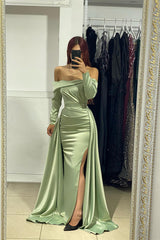 Sage Prom Dress: Off-the-Shoulder with Mermaid Silhouette Long Sleeves and Slit-Dbrbridal