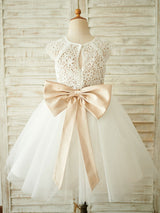 Sash Short Sleeves Jewel Neck Ecru White Kids Party Dresses-Dbrbridal