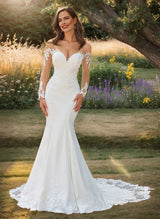 Satin Appliques Lace Elegant Sweetheart Neckline Mermaid Fitted Silhouette Sweep Train Wedding Dress-Dbrbridal